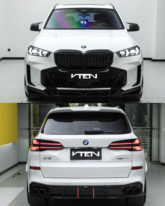 A white BMW X5 G05 is shown from the front and rear in a clean indoor studio/showroom setting. The vehicle has a large black kidney grille, a front lip splitter, a black rear diffuser, and a black license plate frame with the brand name VTEN visible on both views.